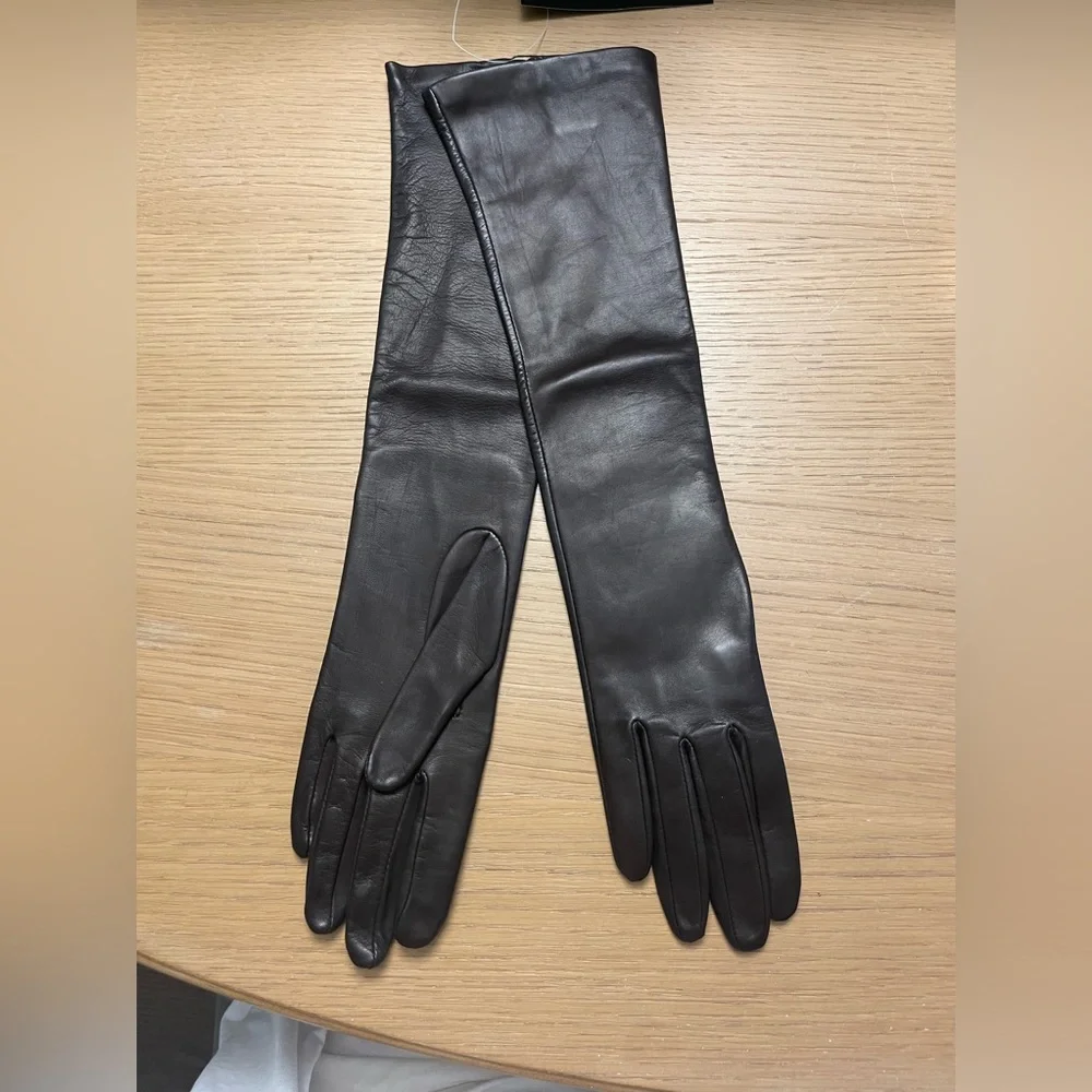 SAKS FIFTH AVENUE LONG BROWN SHEEPSKIN SILK LINED LEATHER GOLVES SIZE 7